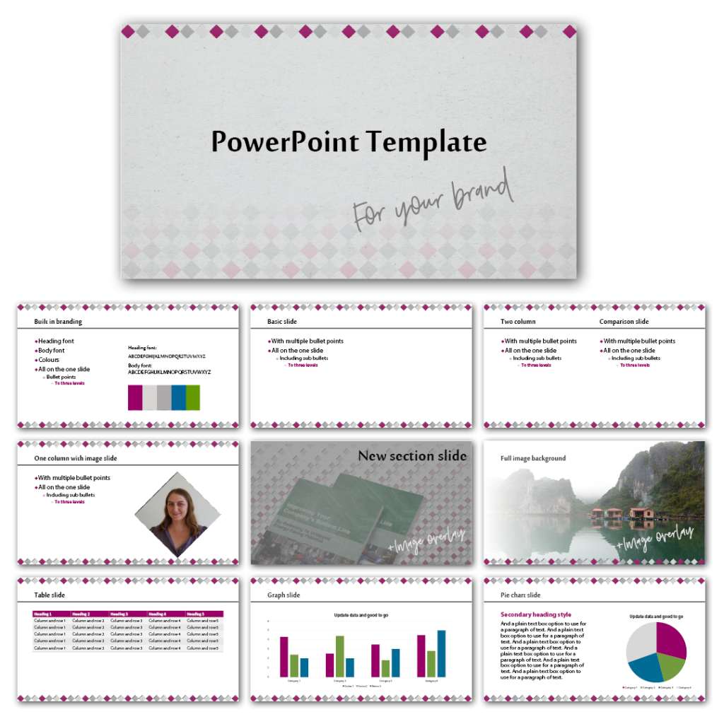 custom powerpoint template design microsoft PowerPoint POTX designed by graphic designer Kassandra Marsh from Make Better Documents, Brisbane Australia all sections, graphs, icons, graphs, charts, images,