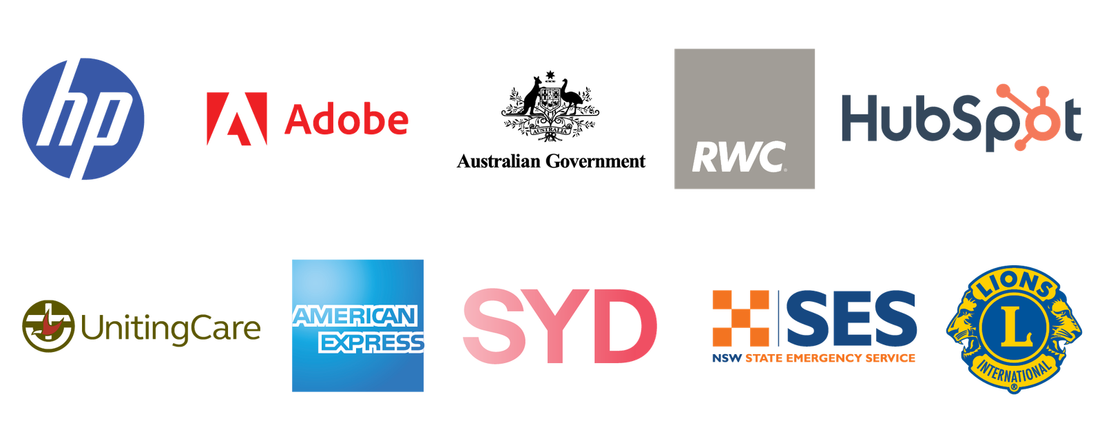 prior clients - Logos from each of these companies I have created documents for: HP, Adobe, Australian Government, Ray White Commercial, Hubspot, UnitingCare, American Express (Amex), SYD Sydney Airport, SES State Emergency Service NSW New South Wales, Lions International